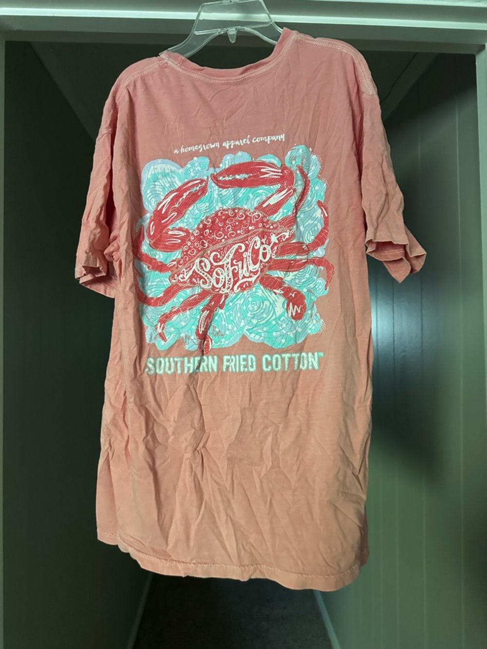 Southern Fried Cotton Coral Tee with Aqua and White Crab Print